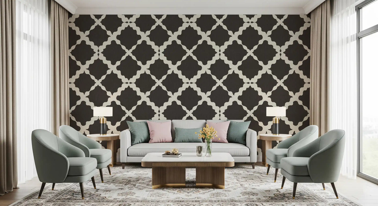 Ivory curves rest against deep brown in the Textured Lattice Trellis wallpaper field.