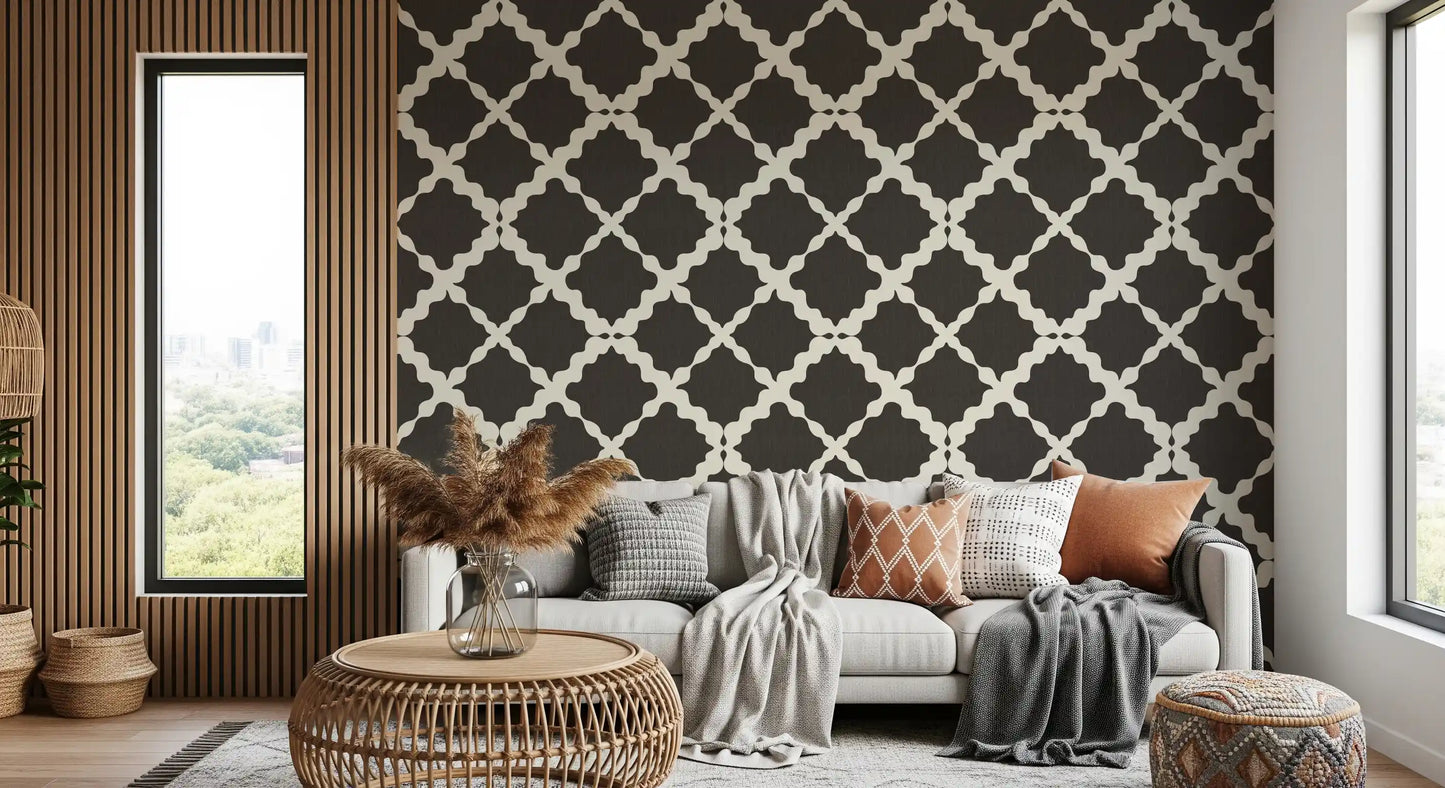 Rich brown shapes flow across a Living room with this Lattice Trellis wallpaper rhythm.