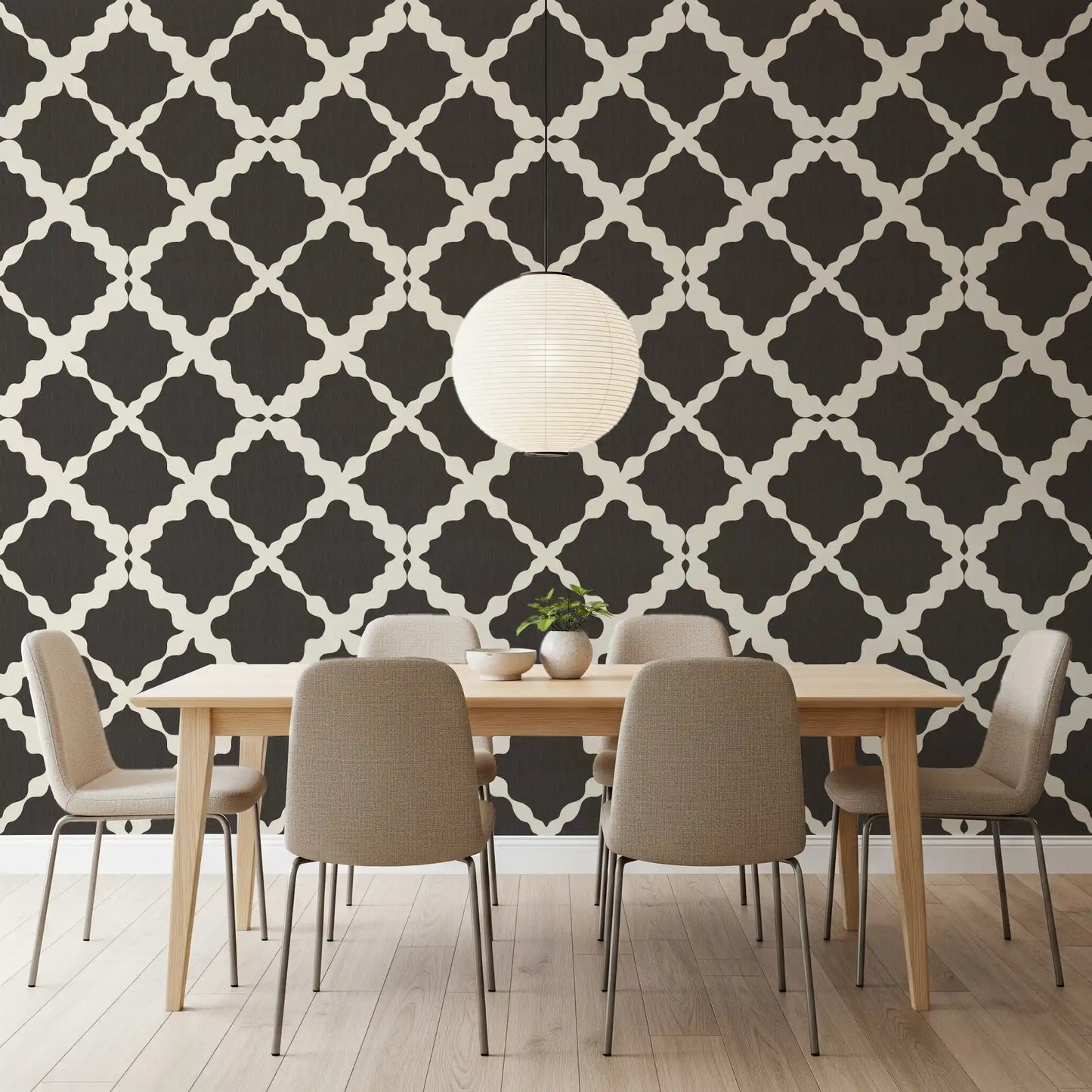 Tile repeat covers a Dining room with the Textured Lattice Trellis wallpaper backdrop.