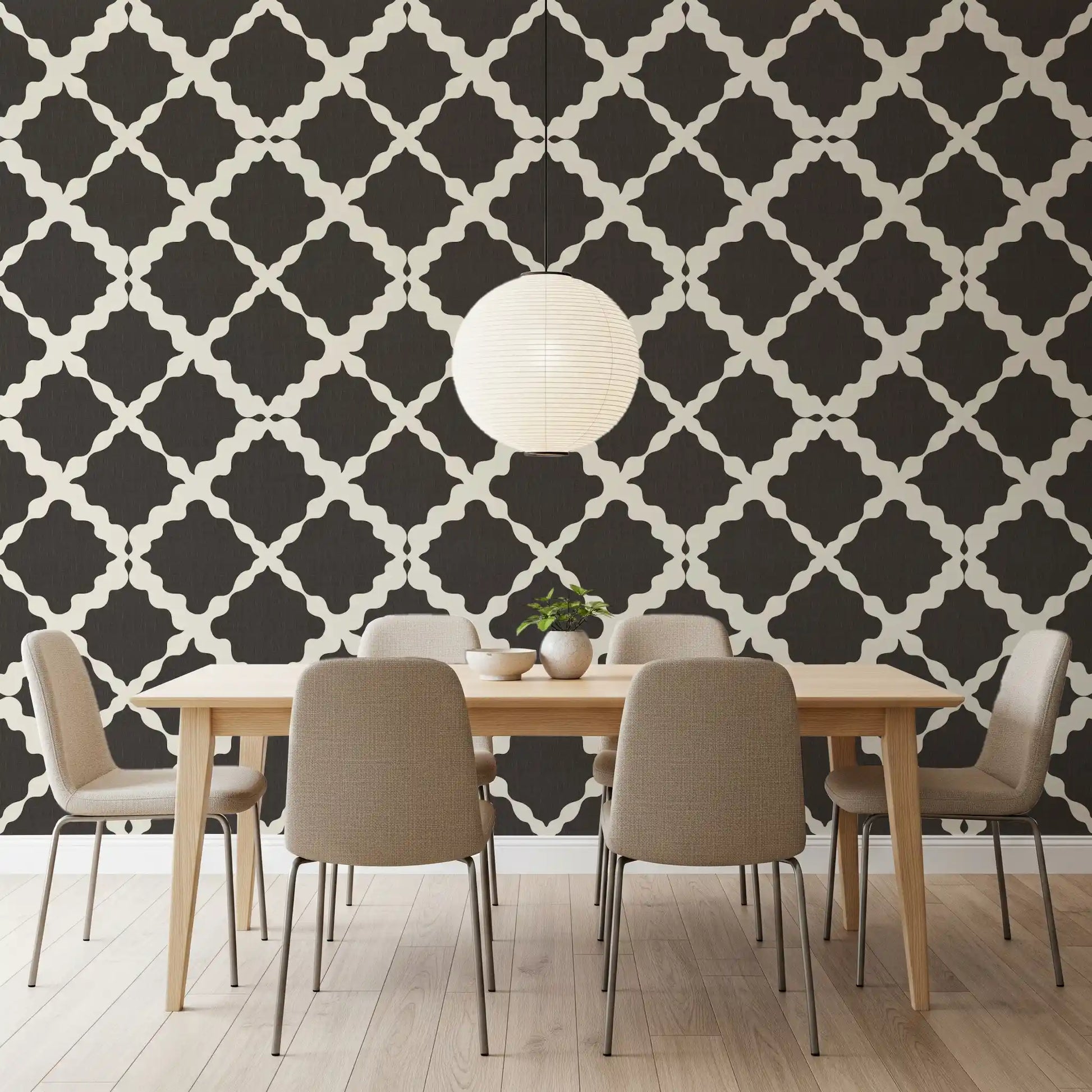 Tile repeat covers a Dining room with the Textured Lattice Trellis wallpaper backdrop.