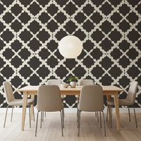 Tile repeat covers a Dining room with the Textured Lattice Trellis wallpaper backdrop.