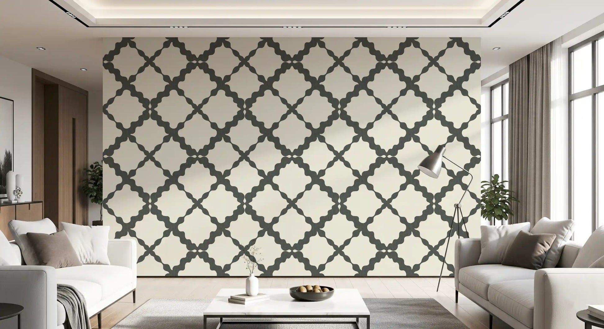 Fabric-weave finish dresses the Lattice Trellis Modern wallpaper near a Living room