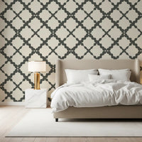 Mid-toned grey tones within the Geometric Grey Modern wallpaper unify a Bedroom
