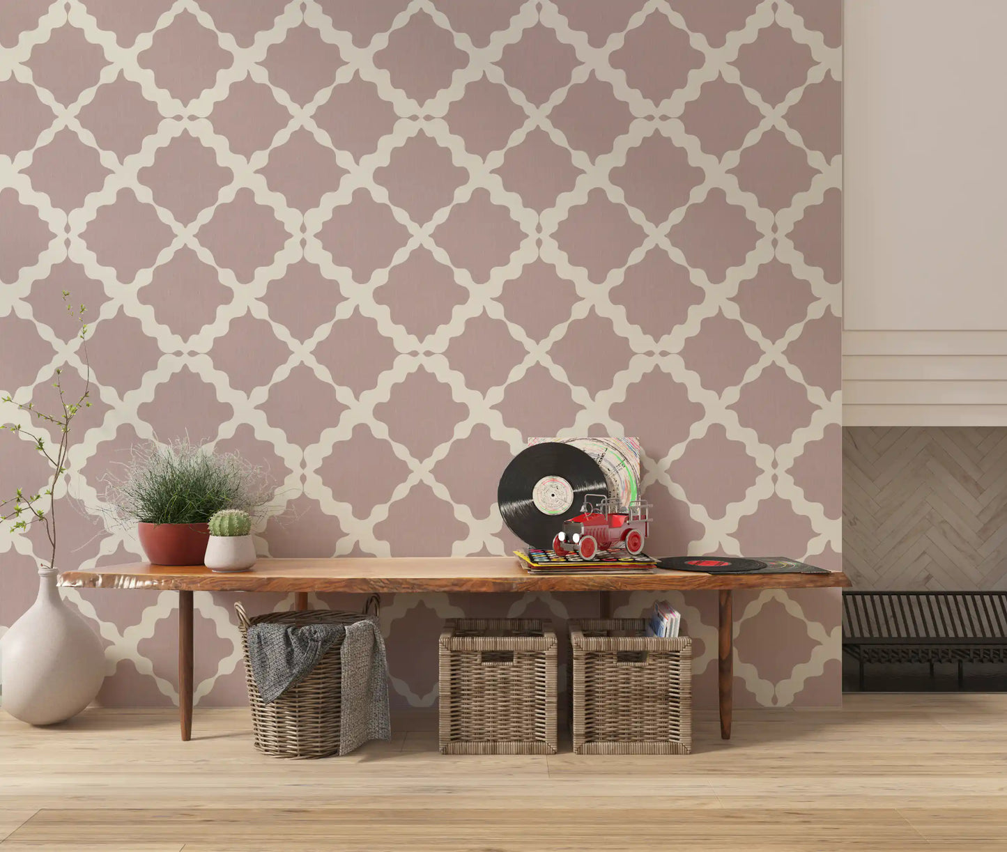 Geometric repeat of the Lattice Trellis wallpaper backs a Hallway backdrop areas 