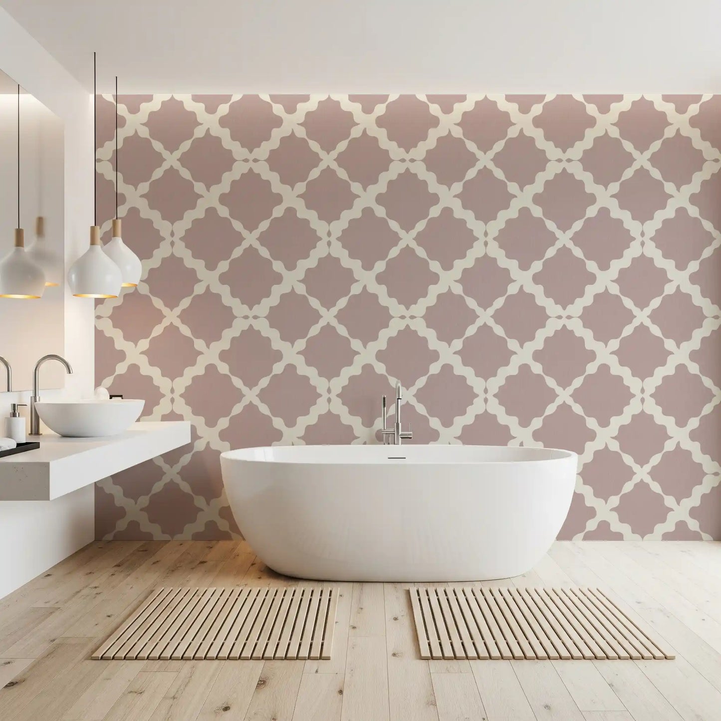Blush base of the Geometric Trellis wallpaper grounds a bathroom