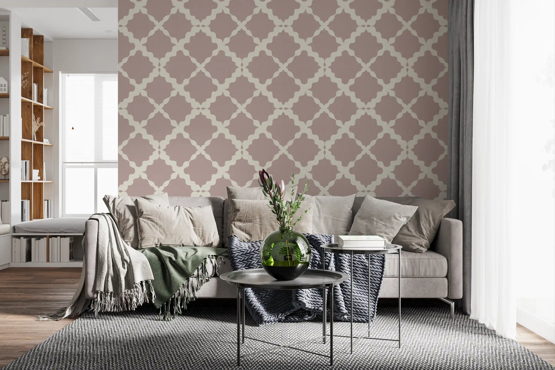 Linen weave texture of the Trellis wallpaper sits behind a Living room panel
