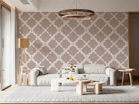 Dusty rose ground in the Textured Lattice wallpaper meets a Living room setting