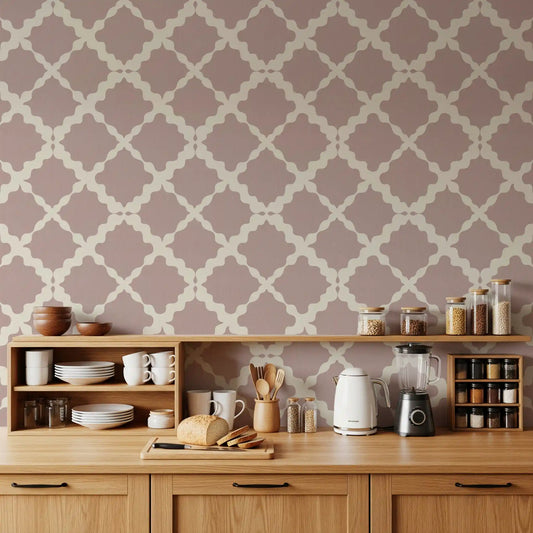 Ogee curve pattern of the Textured Trellis wallpaper opens a kitchen-dining space