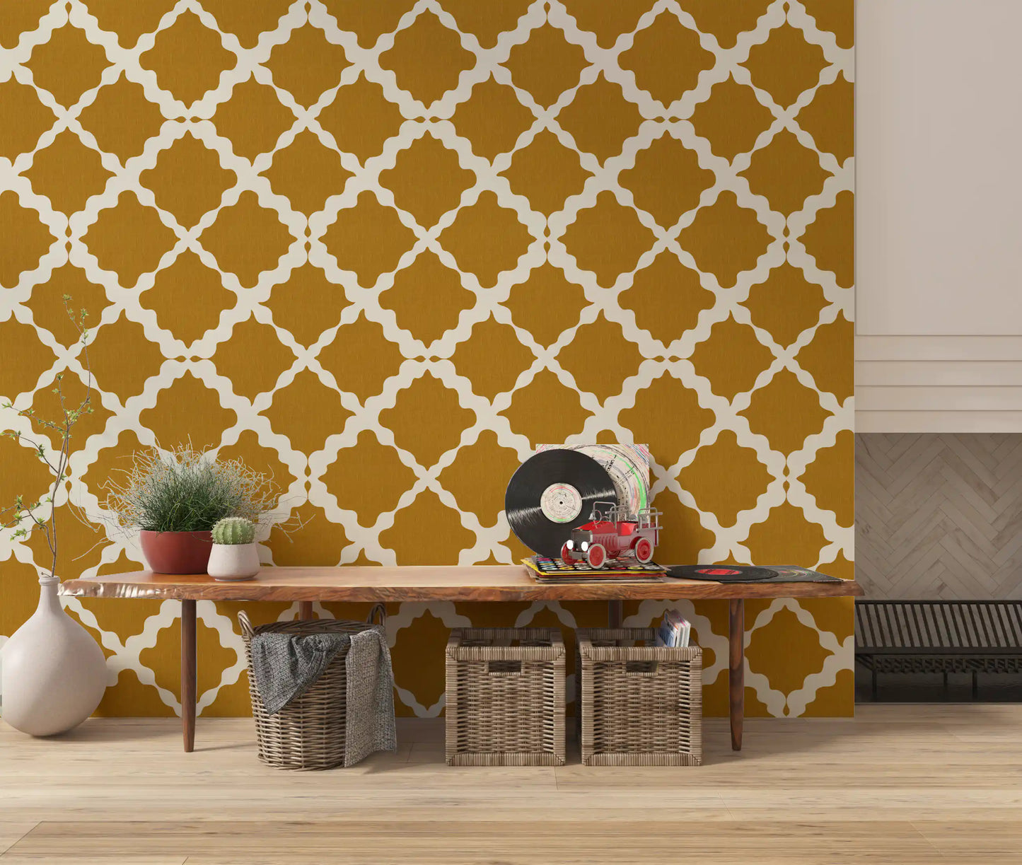 Textured Lattice Trellis Geometric Mustard Minimalist Modern  Wallpaper⁠