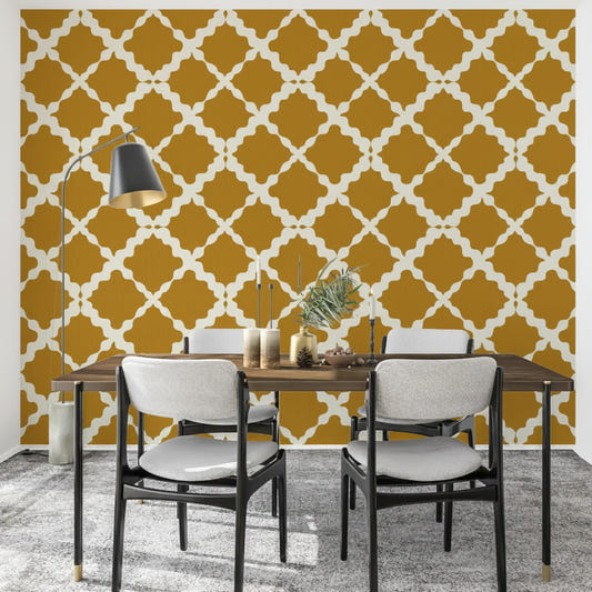 Mustard and white ogee curves lift a dining room with Textured Lattice Trellis wallpaper.