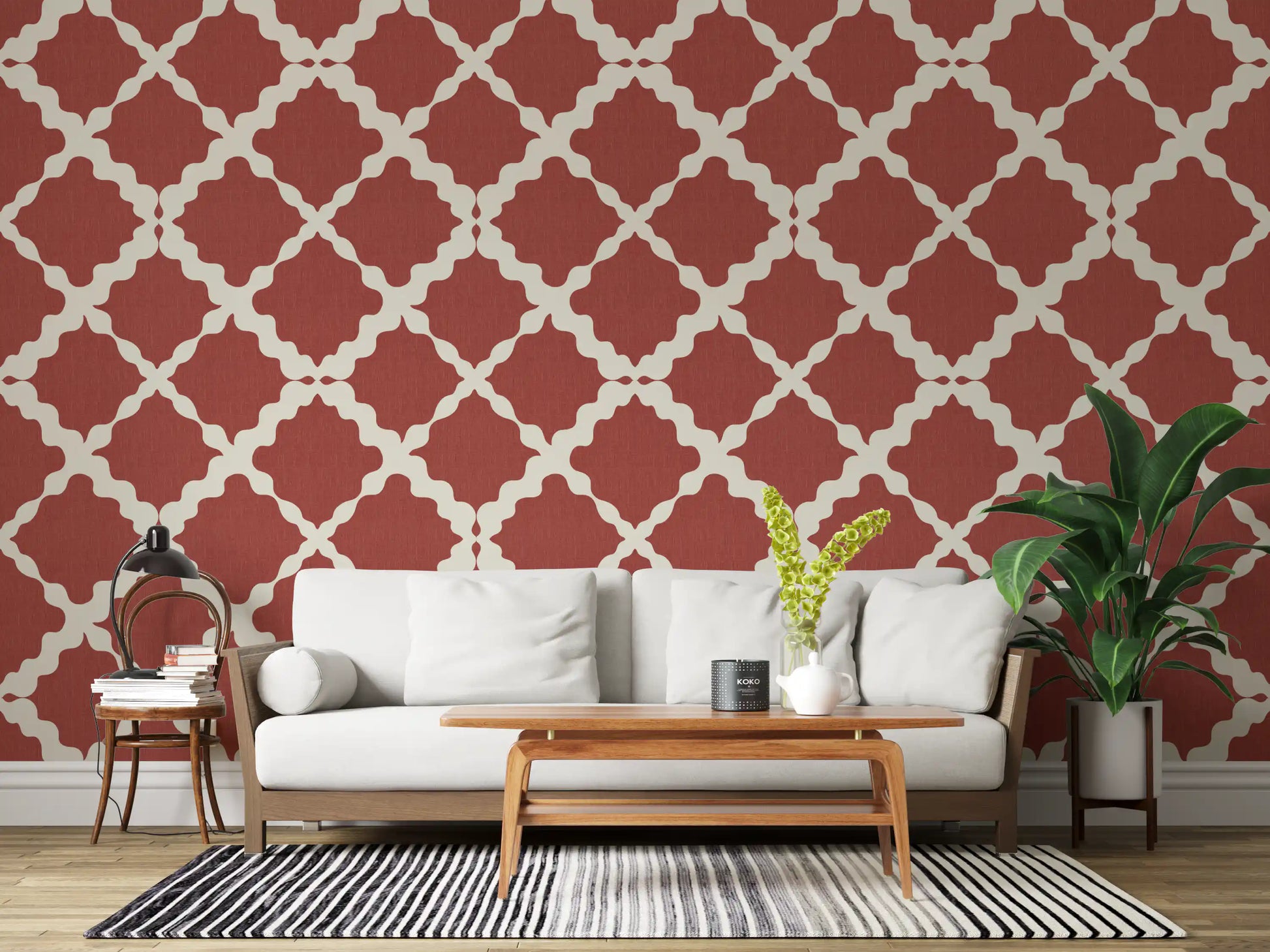 Steady quatrefoil repeat sits behind a Living room in this Lattice Trellis wallpaper.