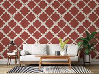 Steady quatrefoil repeat sits behind a Living room in this Lattice Trellis wallpaper.