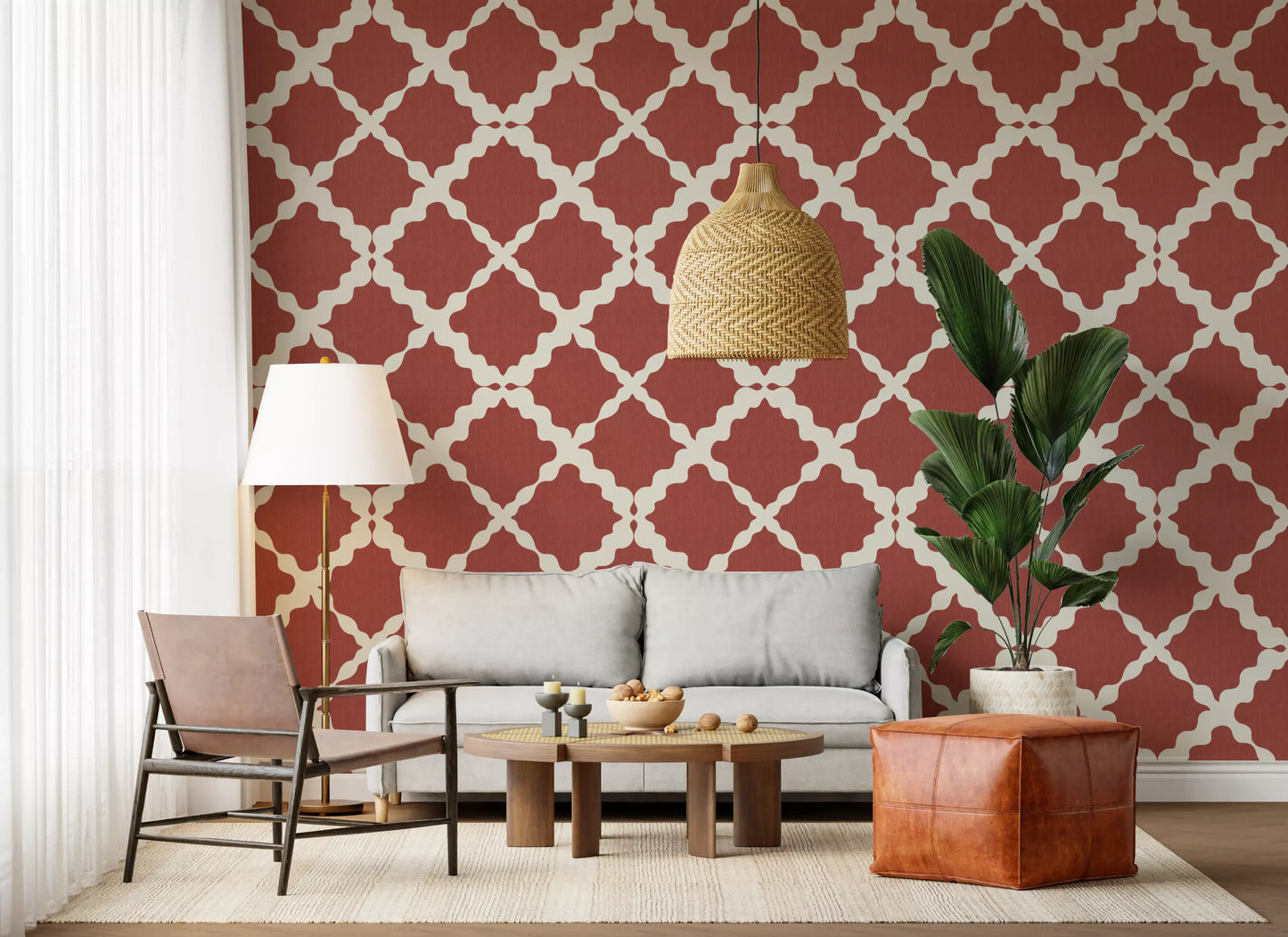 Moroccan ogee fills a Hallway with the Textured Lattice Trellis wallpaper feel.