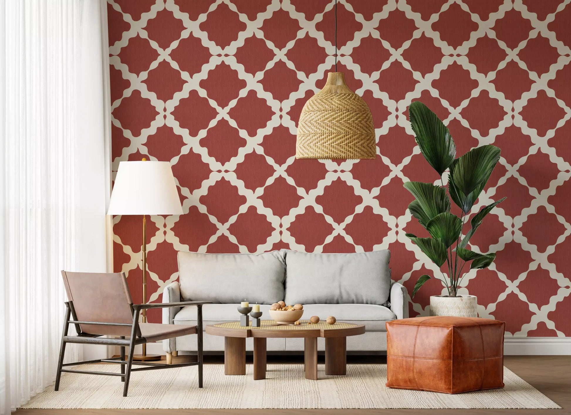 Moroccan ogee fills a Hallway with the Textured Lattice Trellis wallpaper feel.