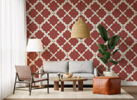 Moroccan ogee fills a Hallway with the Textured Lattice Trellis wallpaper feel.