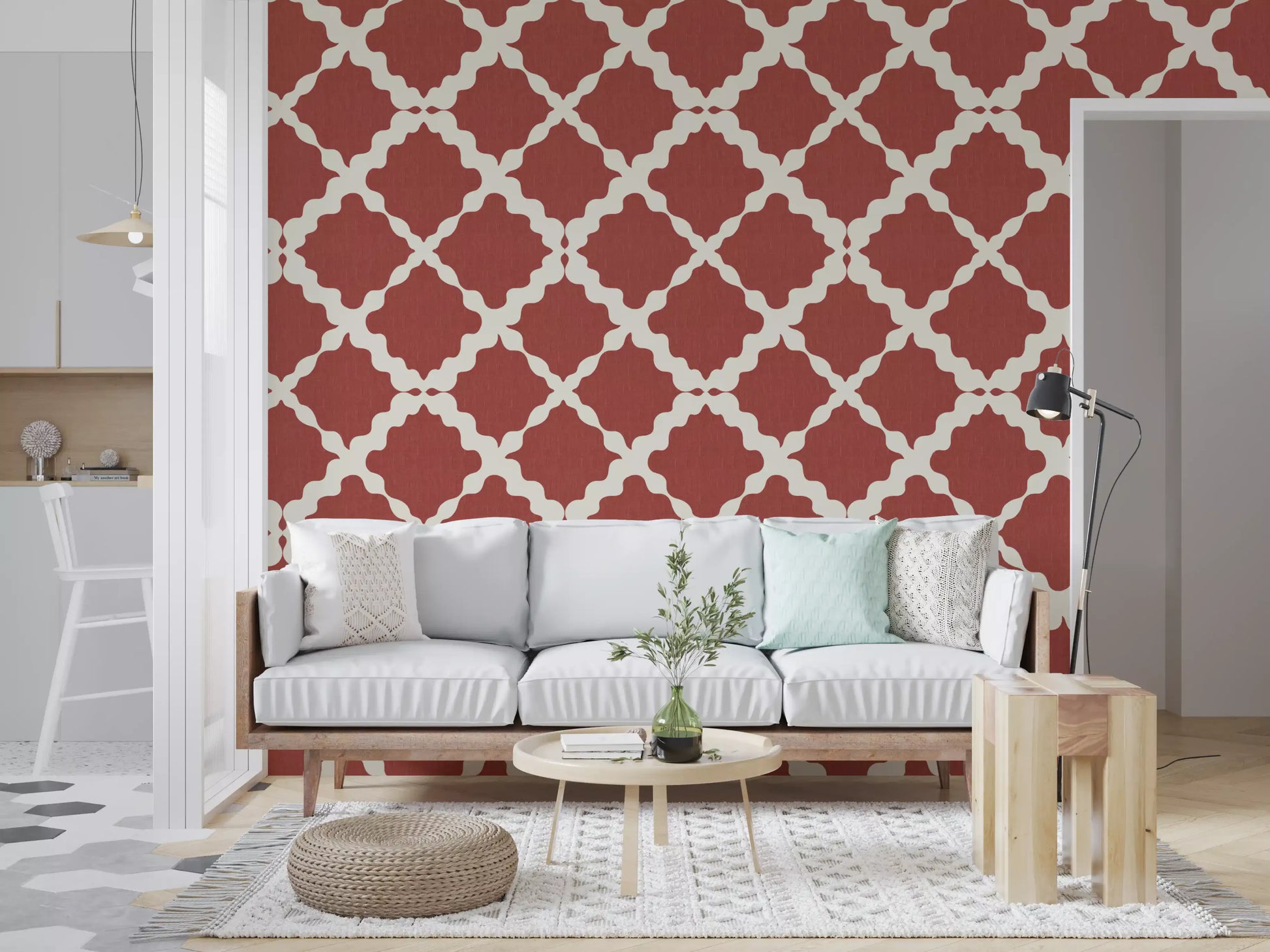 Quatrefoil shapes connect through outward arcs in this Lattice Trellis wallpaper pattern.