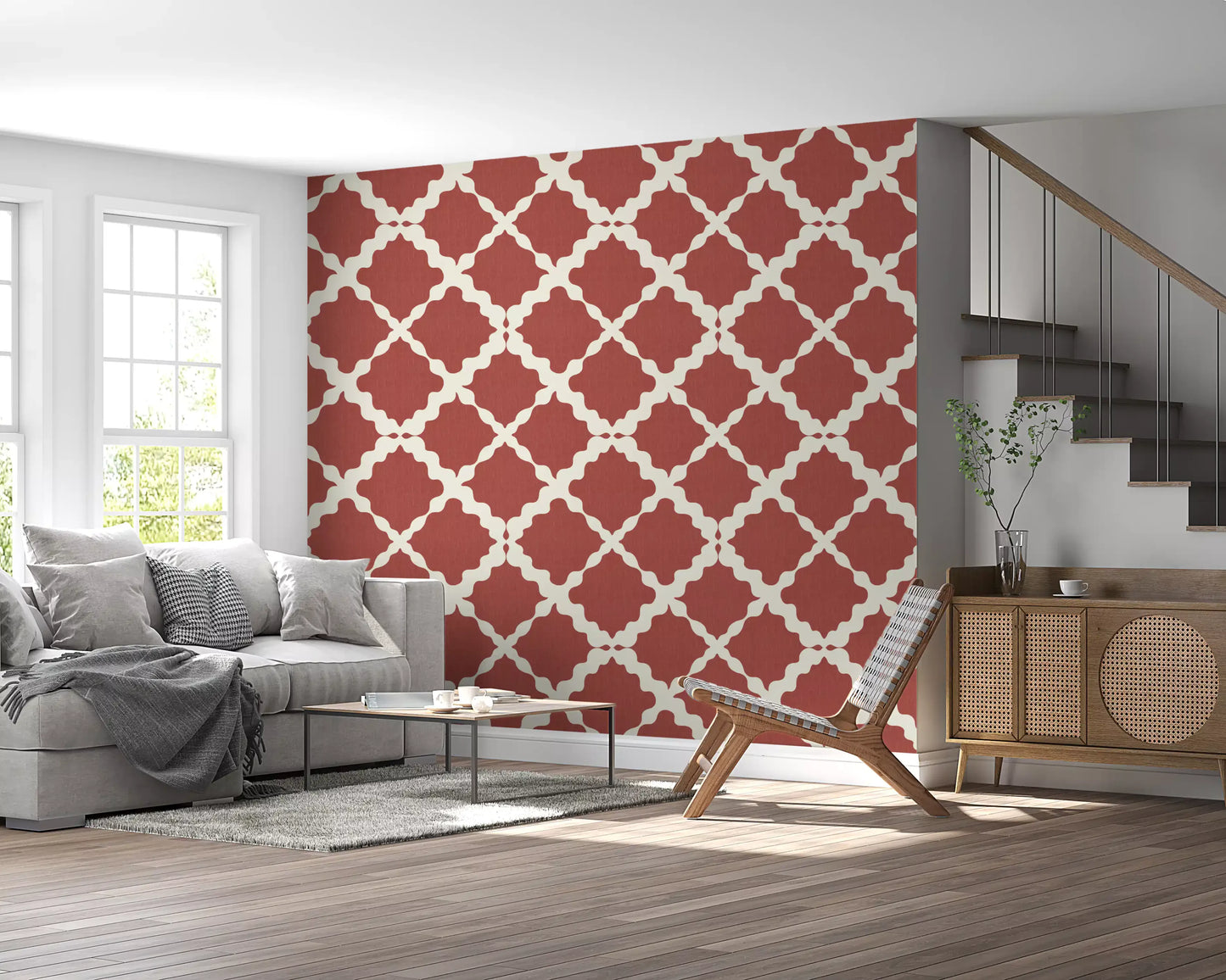 Cream pattern fills the back of a living room Textured Lattice Trellis wallpaper view.