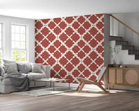 Cream pattern fills the back of a living room Textured Lattice Trellis wallpaper view.