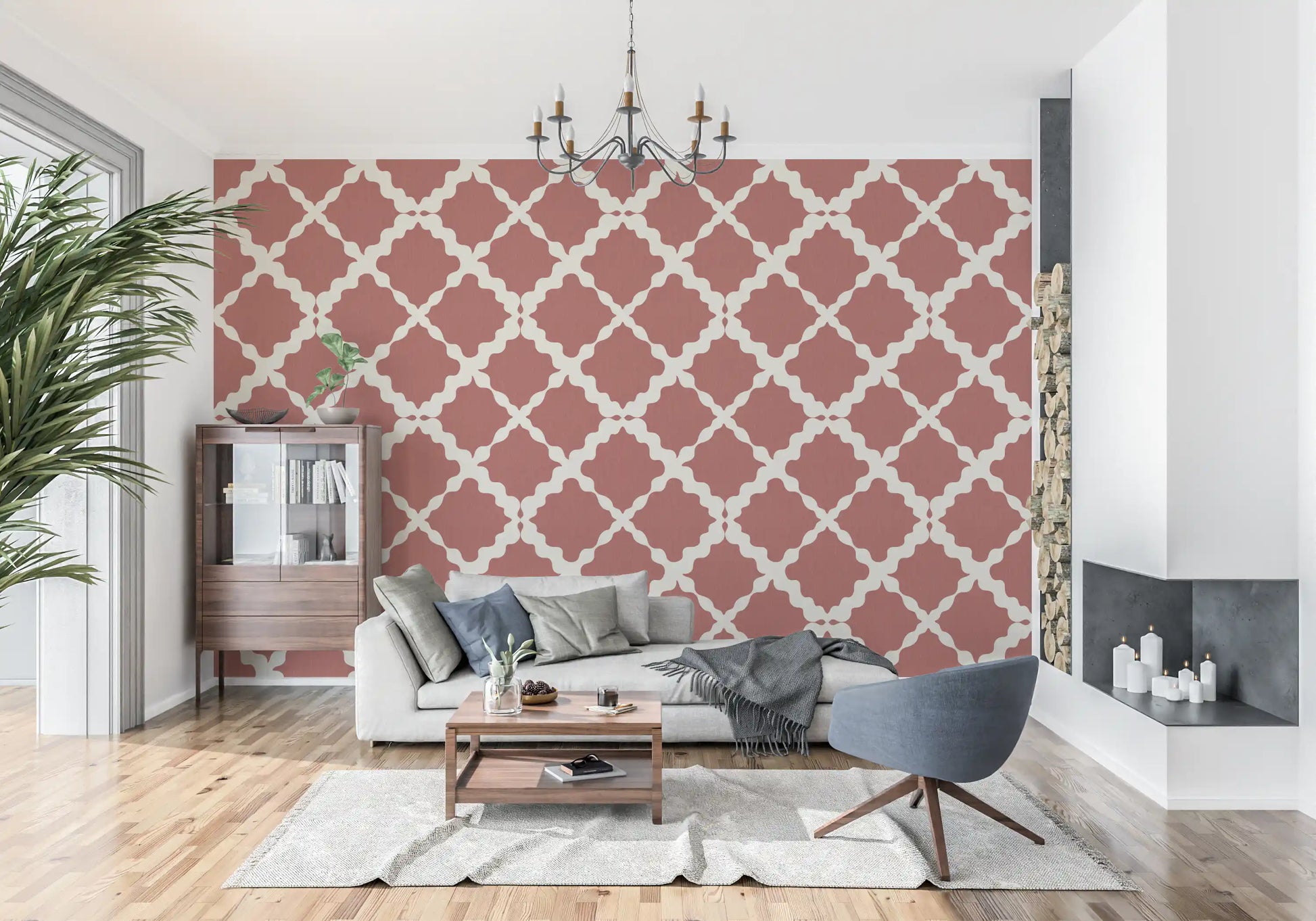 Curved ivory shapes link in steady diagonal pattern on Lattice Trellis wallpaper view.