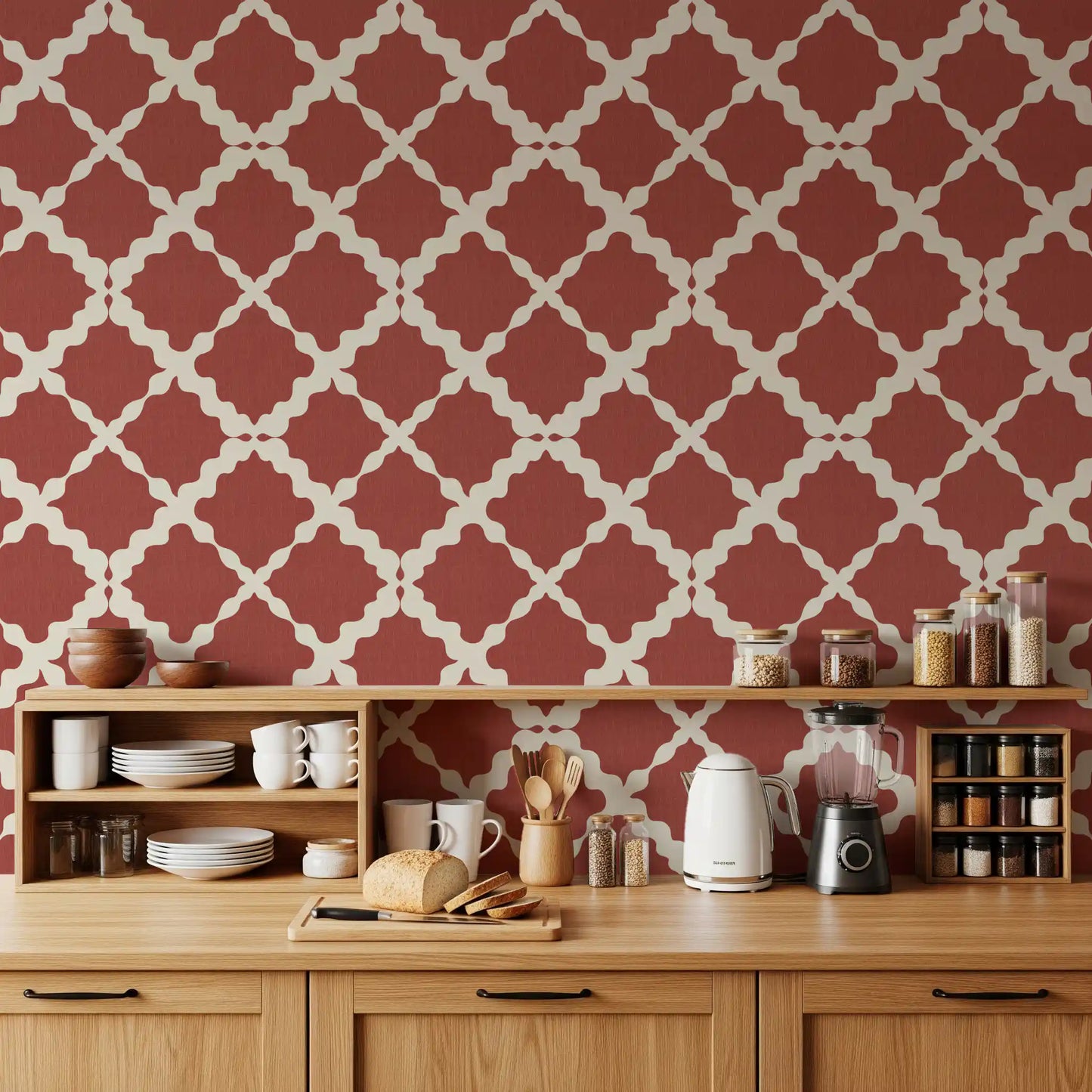 Subtle rust pattern gives warmth to a kitchen-dining Lattice Trellis wallpaper setup.
