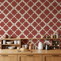 Subtle rust pattern gives warmth to a kitchen-dining Lattice Trellis wallpaper setup.