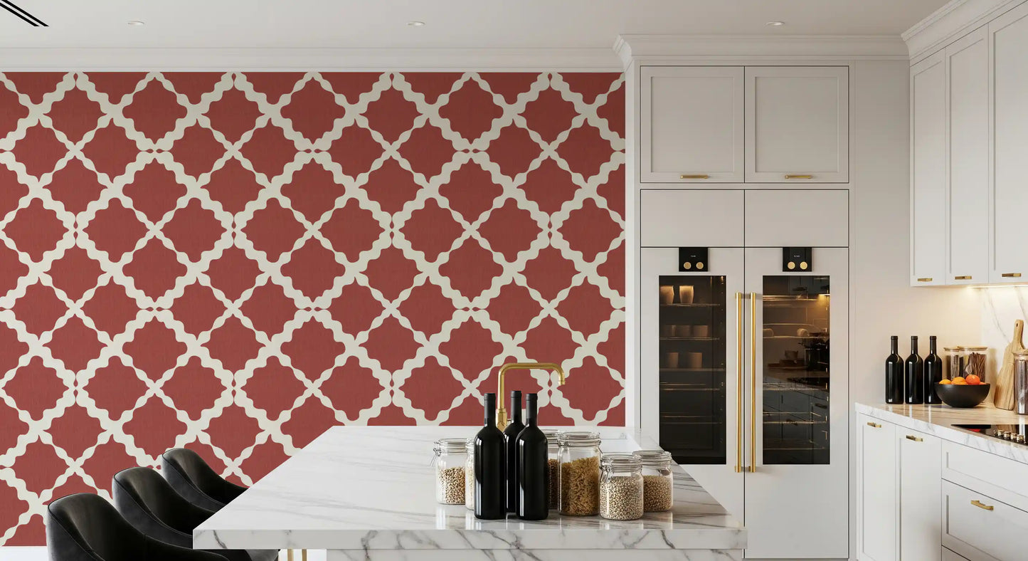 Textured Lattice Trellis wallpaper sets a steady rust tone in a Kitchen and dining.