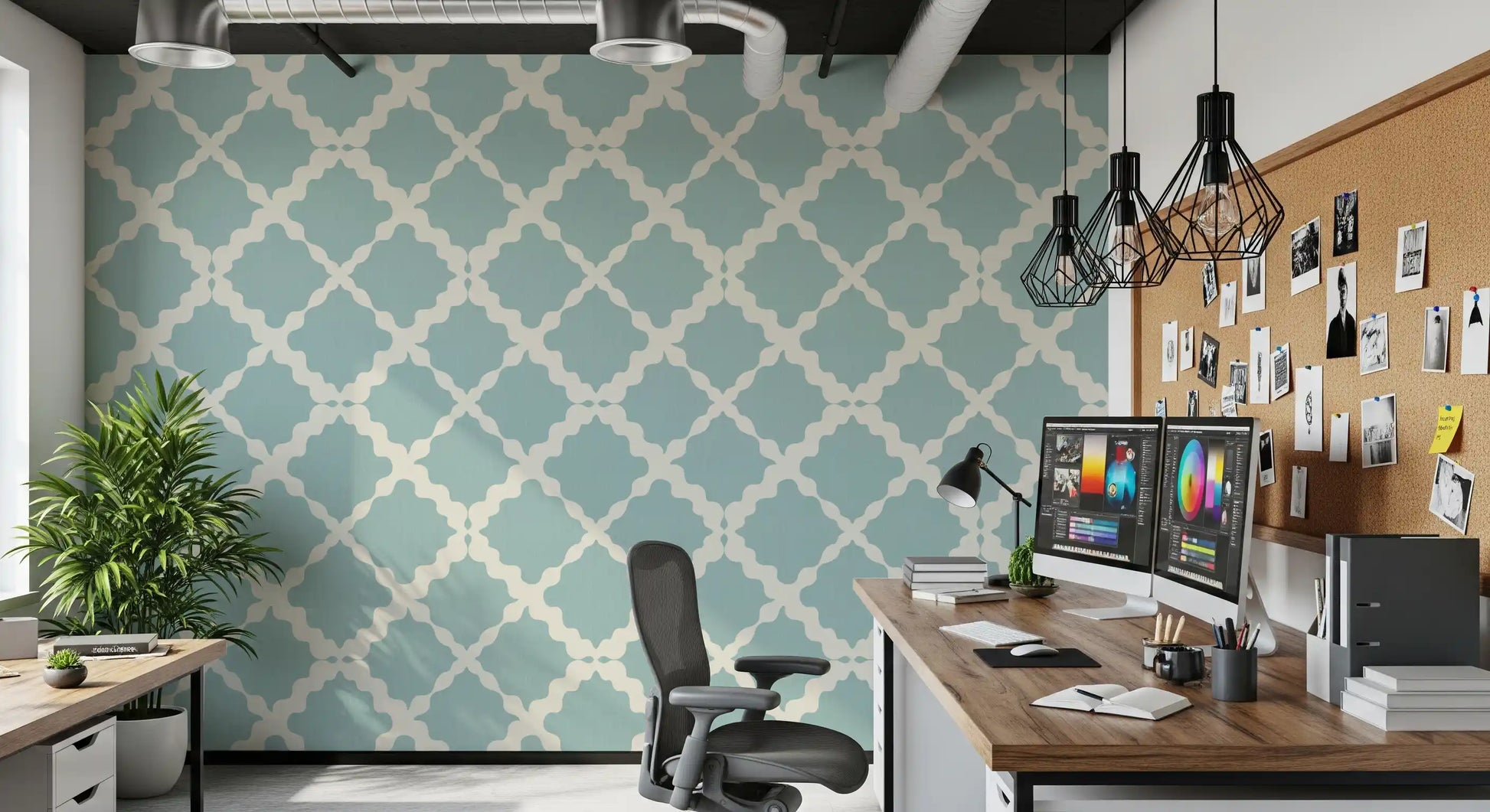 Muted blue backgrounds contrast gently against pale lines on this wallpaper finish