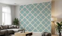 Spacious lounge areas beautifully showcase the overlapping geometric trellis wallpaper