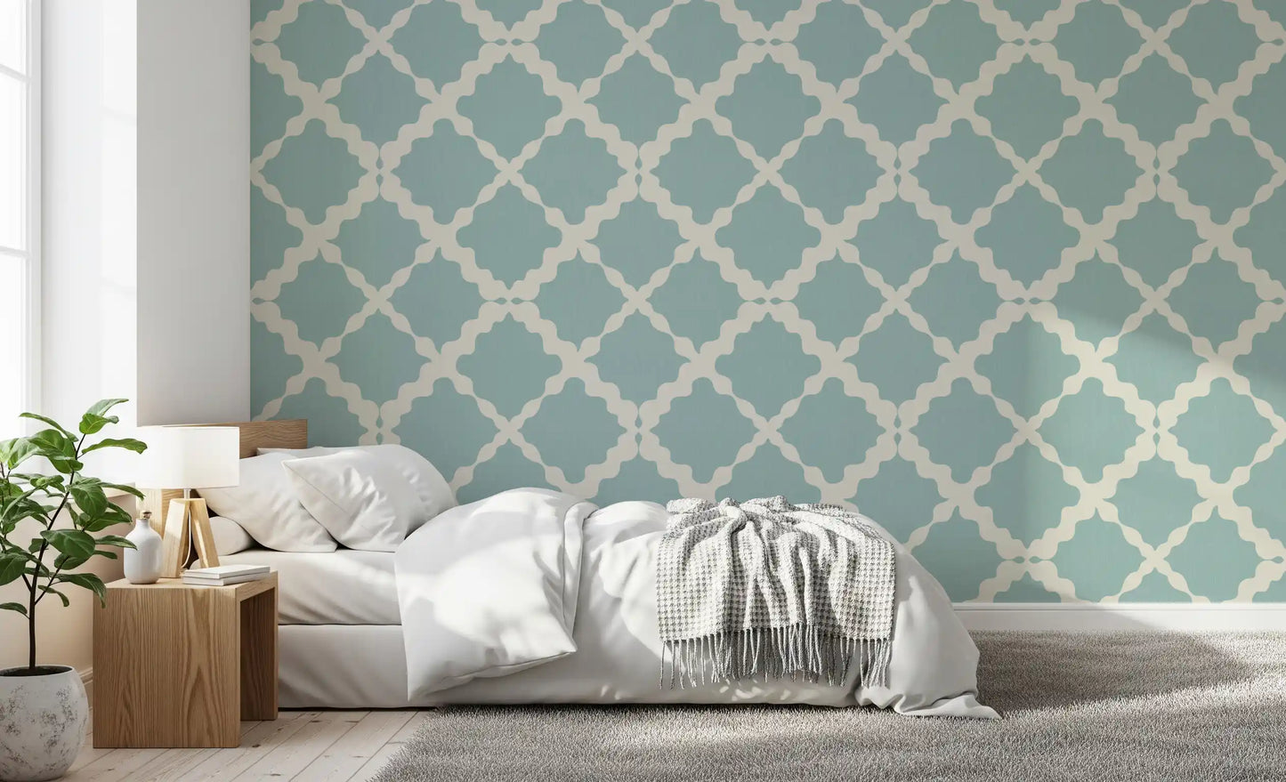 Serene bedroom aesthetics flow directly from this modern muted blue wallpaper pattern
