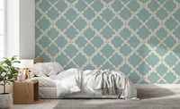 Serene bedroom aesthetics flow directly from this modern muted blue wallpaper pattern