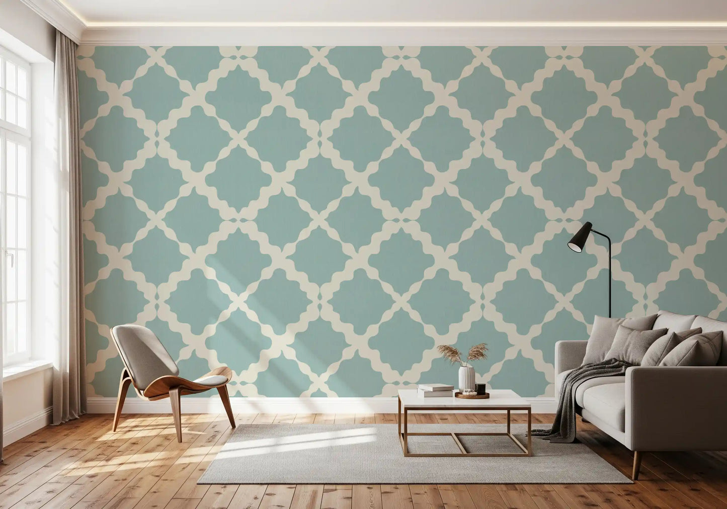 Cream wavy borders build the foundation of this textured lattice wallpaper geometry
