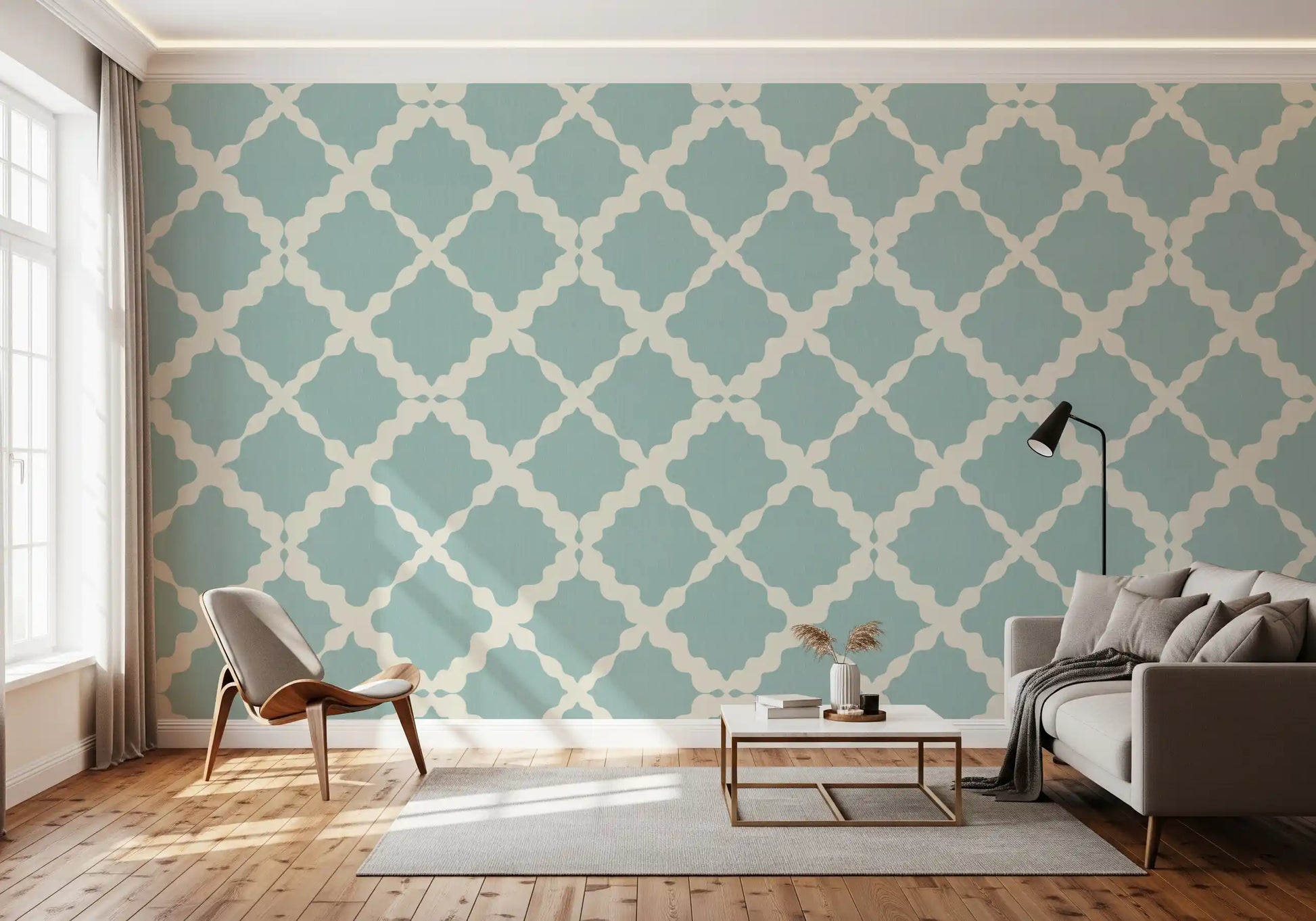 Cream wavy borders build the foundation of this textured lattice wallpaper geometry
