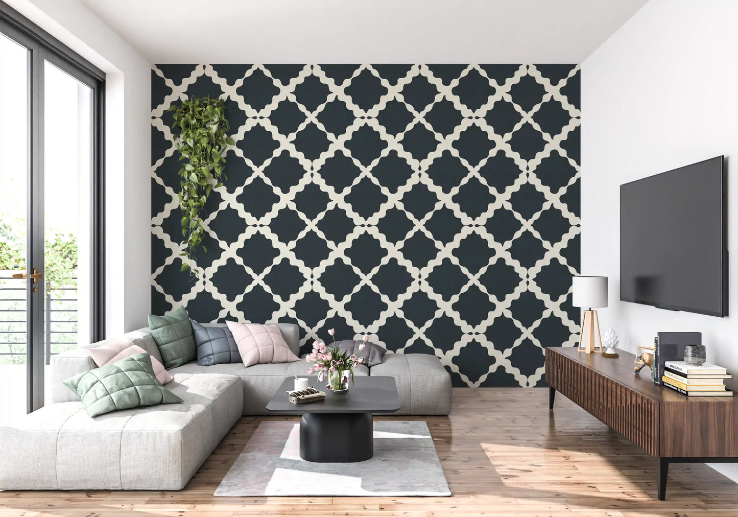Textured Lattice Trellis Geometric Charcoal Minimalist Modern Wallpaper⁠