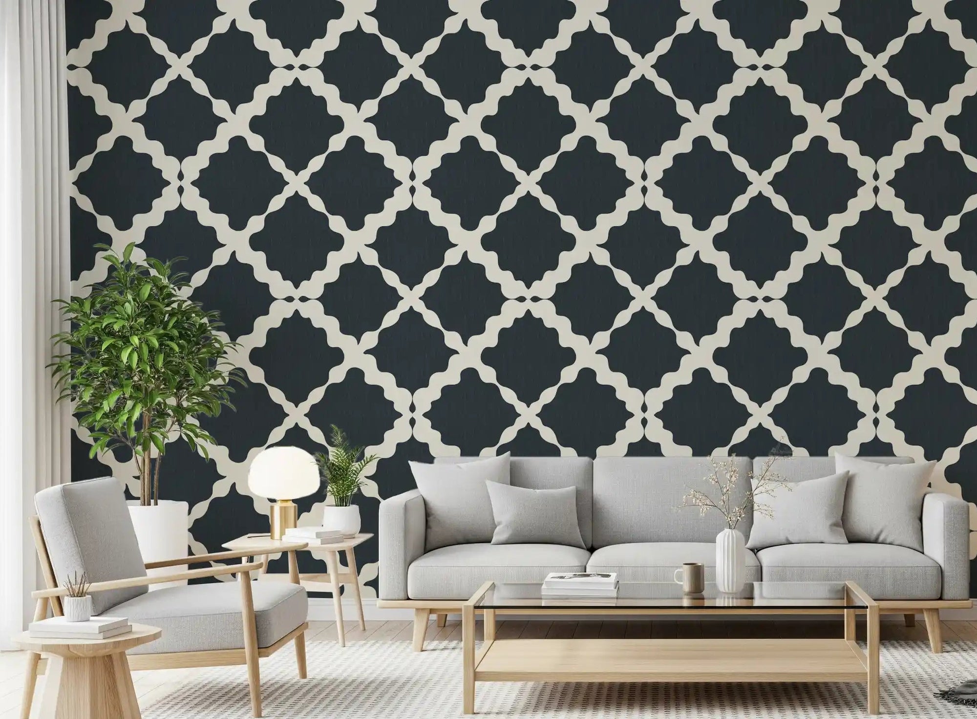 Wide living room spaces benefit from the striking textured lattice wallpaper installed here.