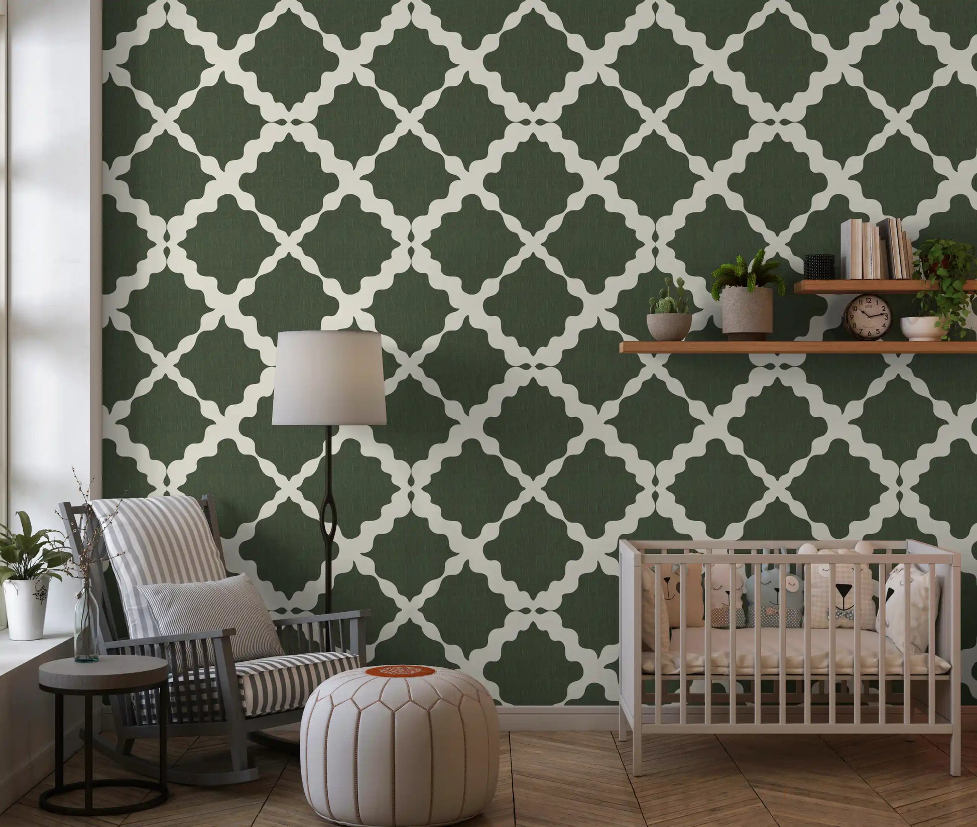 This Textured Lattice Trellis Geometric Moss Green Minimalist Modern Wallpaper display