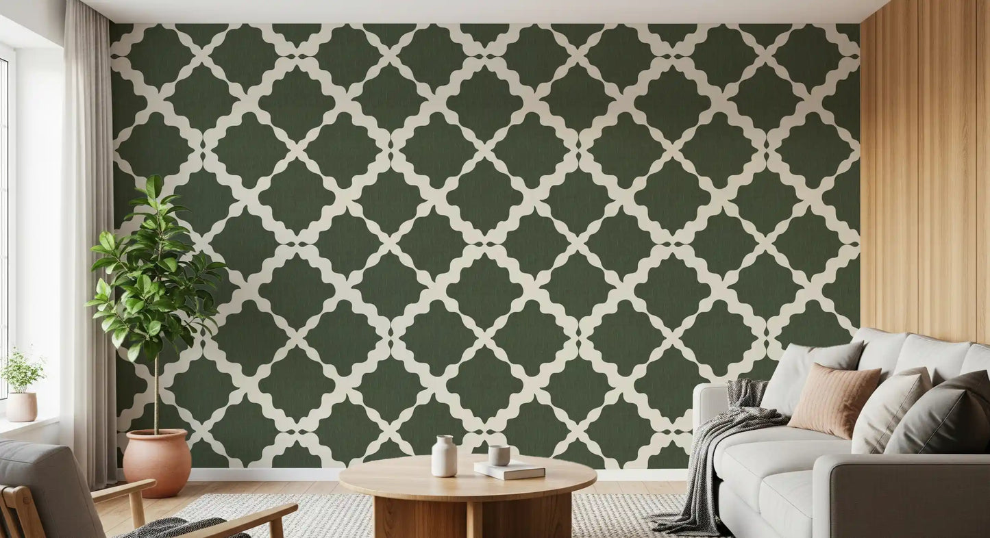 Modern geometric wallpaper complements a bright Living room  space.