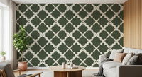 Modern geometric wallpaper complements a bright Living room  space.