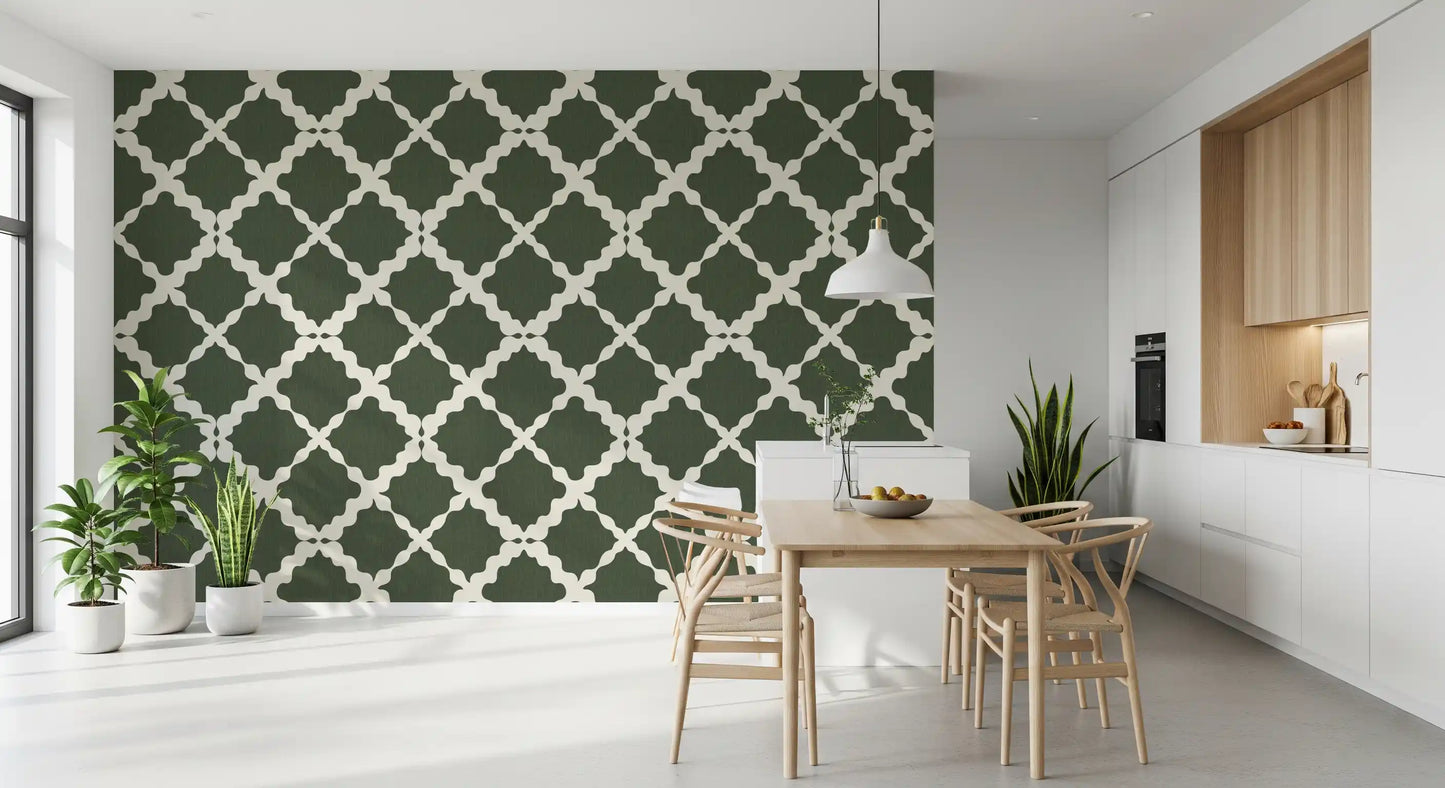 A dining room features classic green lattice wallpaper style.