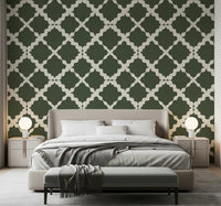 Textured Lattice Trellis Geometric Moss Green Minimalist Modern Wallpaper in a bedroom.
