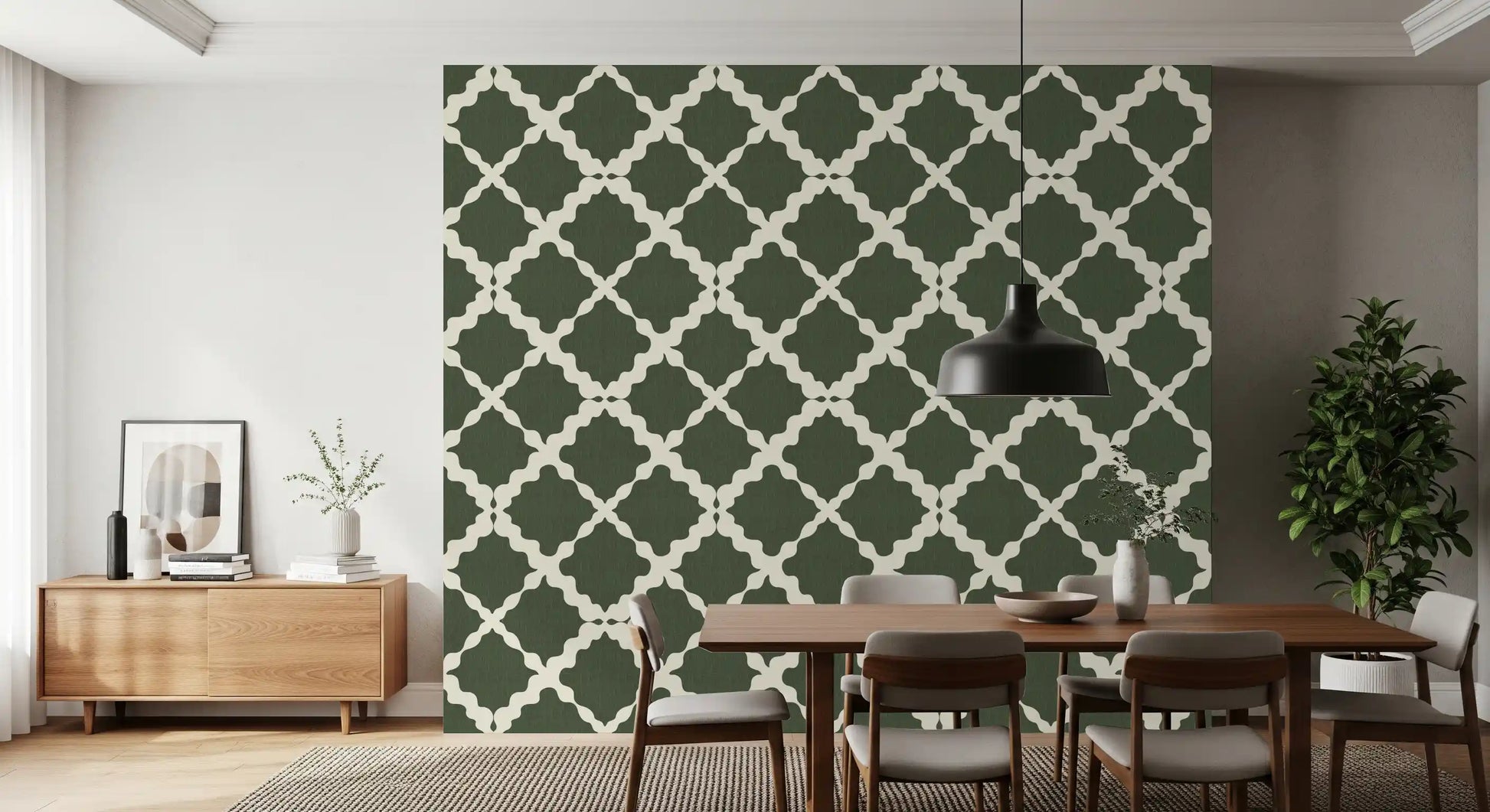Rhythmic grid structures characterize this moss wallpaper option.