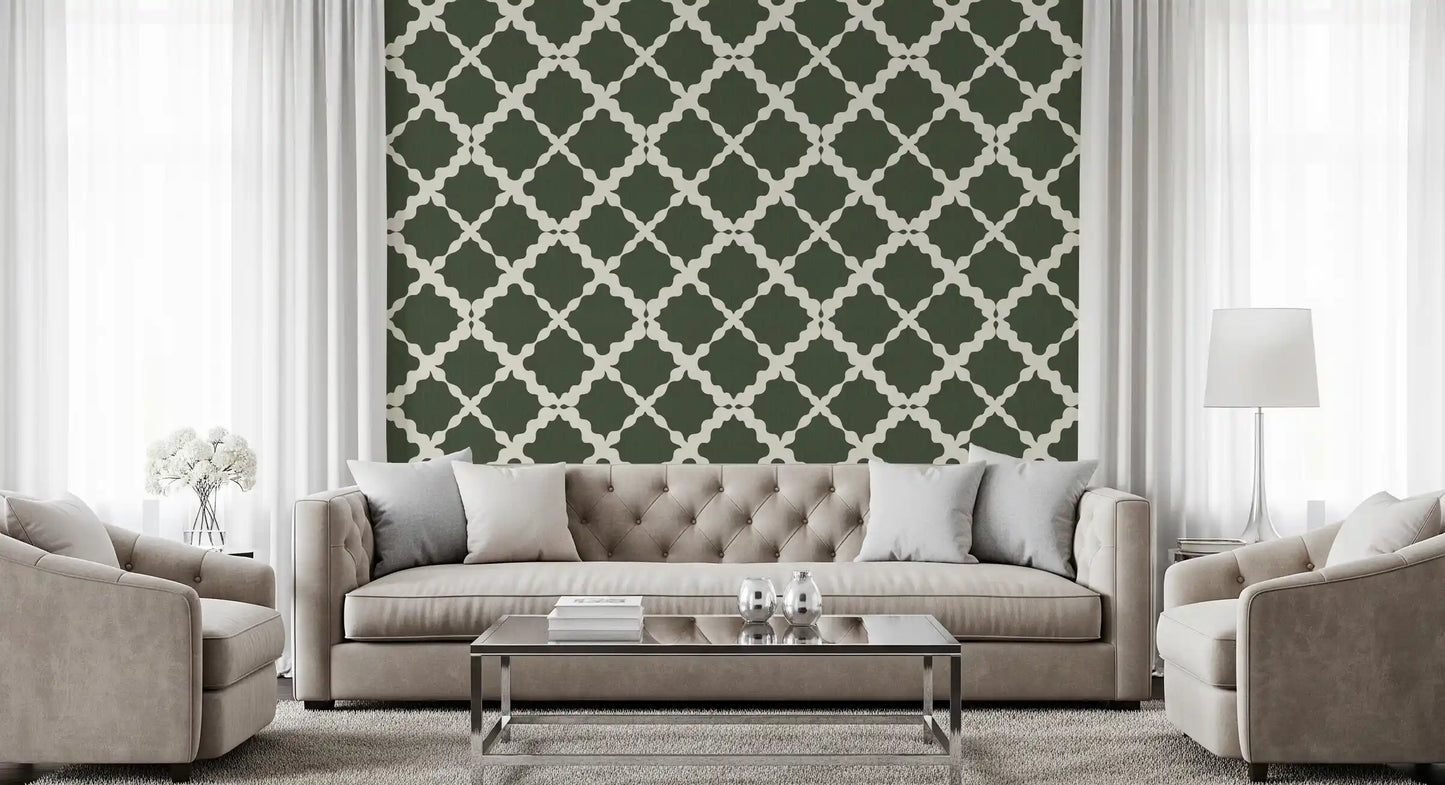 Green trellis wallpaper accents a quiet Living room.