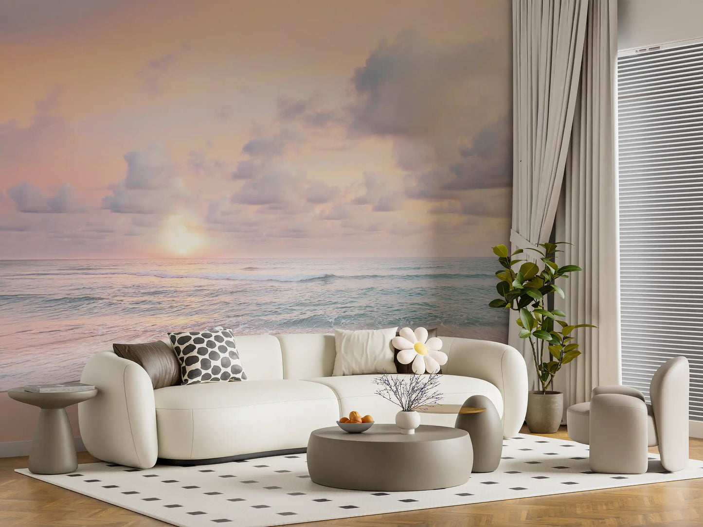 A low sun warms the center of the Peach Sky Teal Sea wall mural