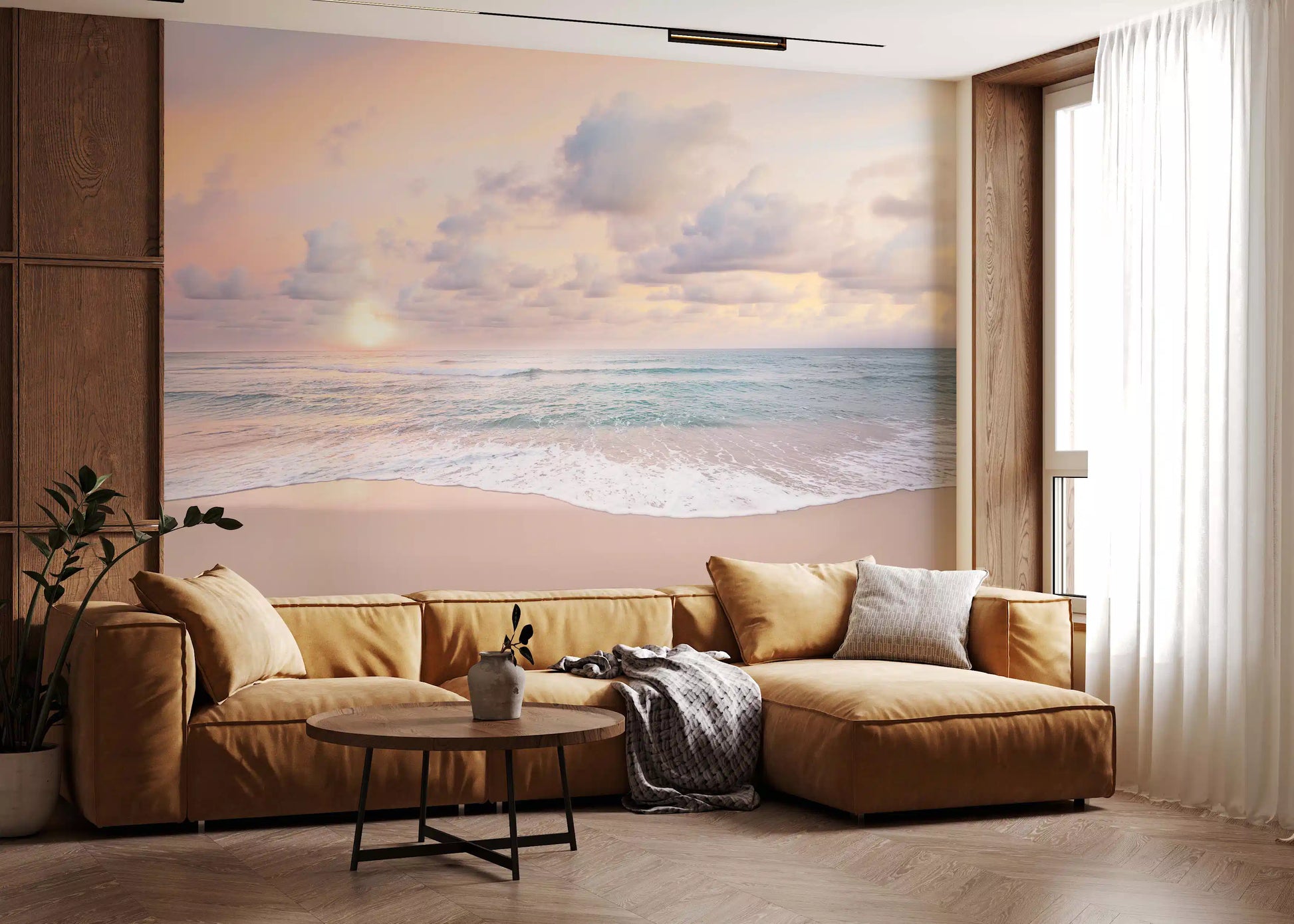 Cream clouds float over a calm horizon in this Peach Sky Teal Sea wall mural