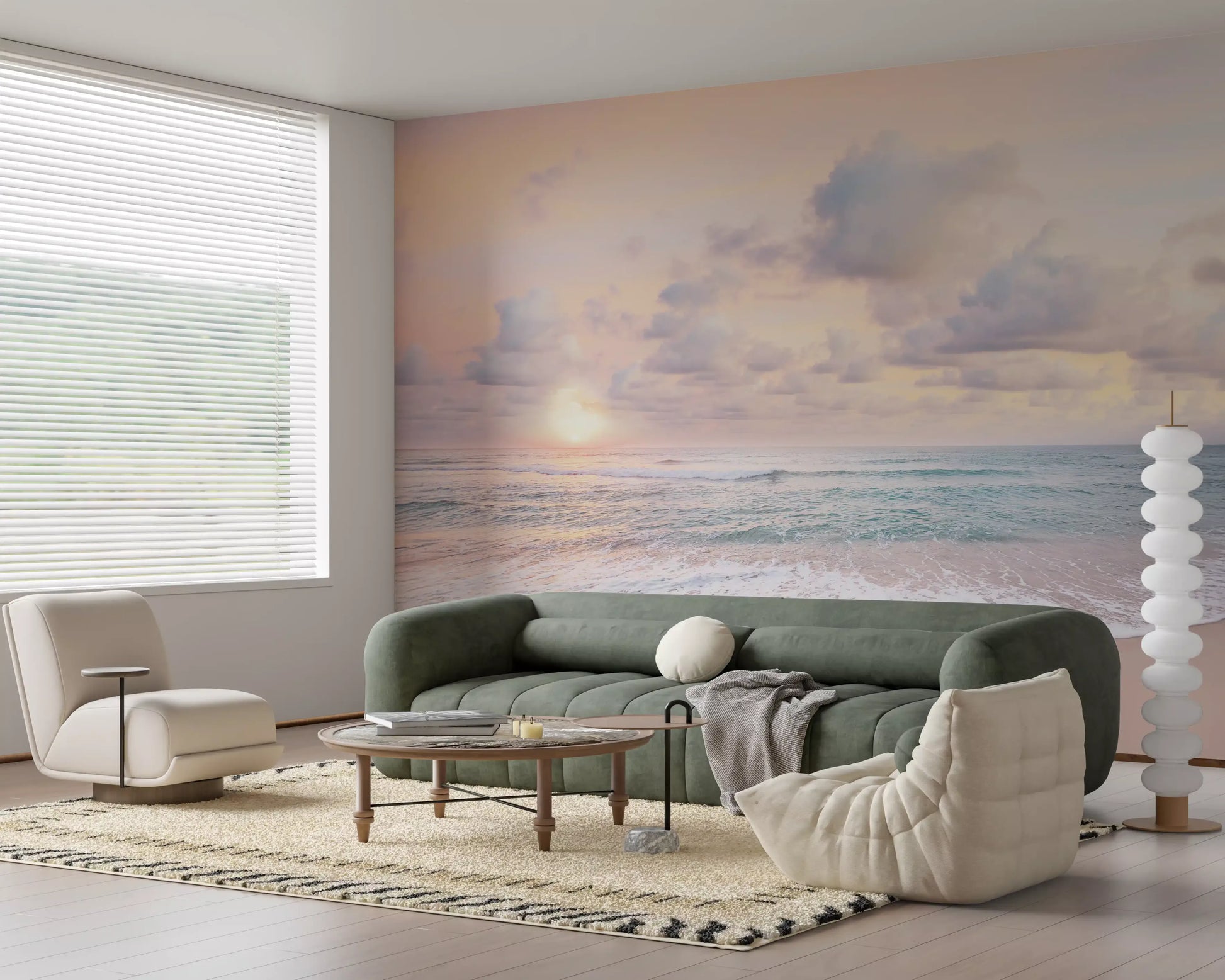 Apricot light drifts through a Peach Sky Teal Sea wall mural over the Living room 