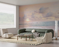 Apricot light drifts through a Peach Sky Teal Sea wall mural over the Living room 