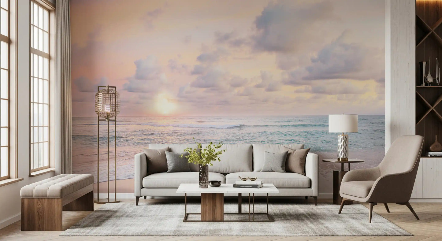 Lounge feels open under a Peach Sky Teal Sea wall mural of coastal pastels