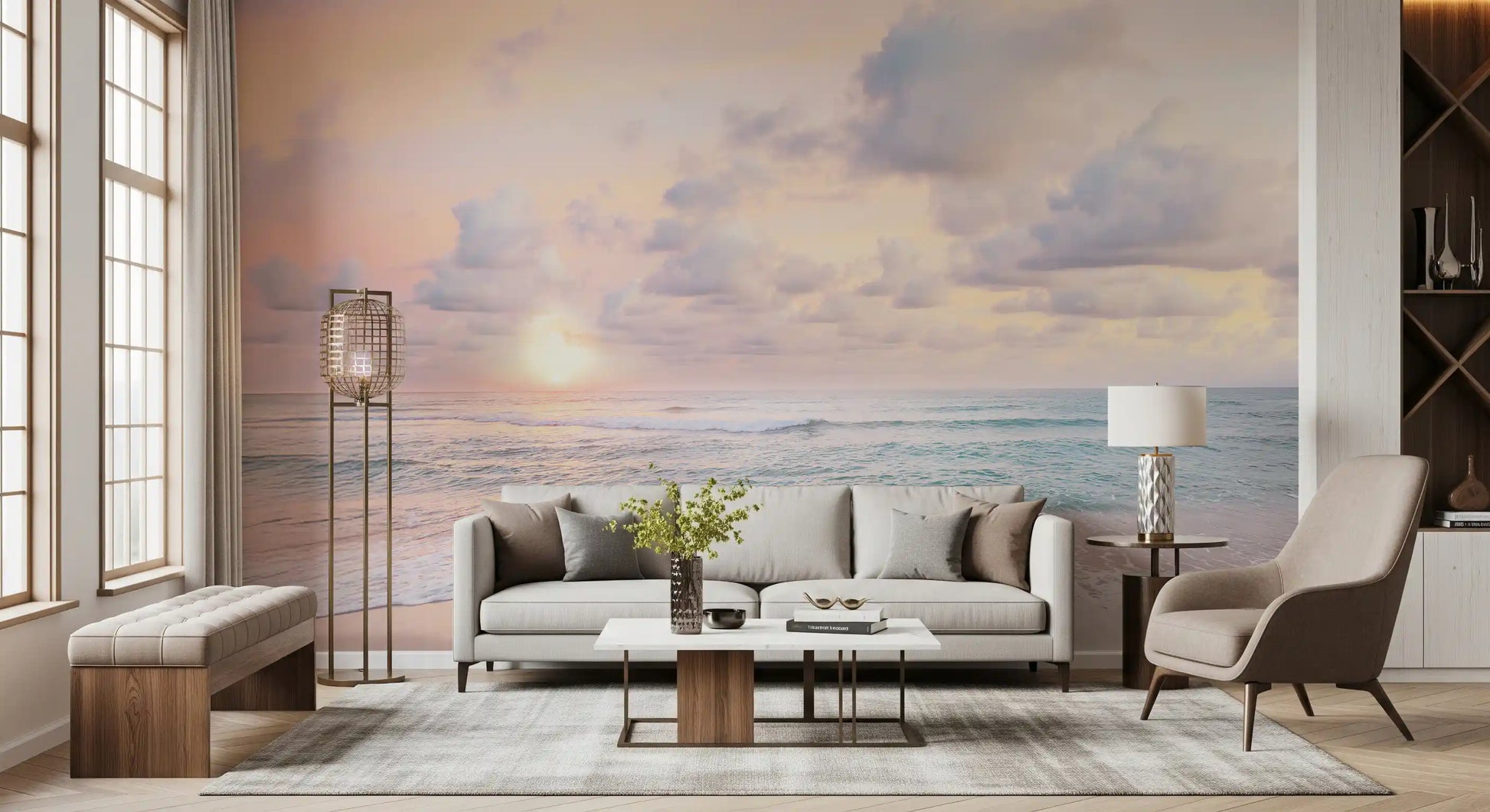 Lounge feels open under a Peach Sky Teal Sea wall mural of coastal pastels