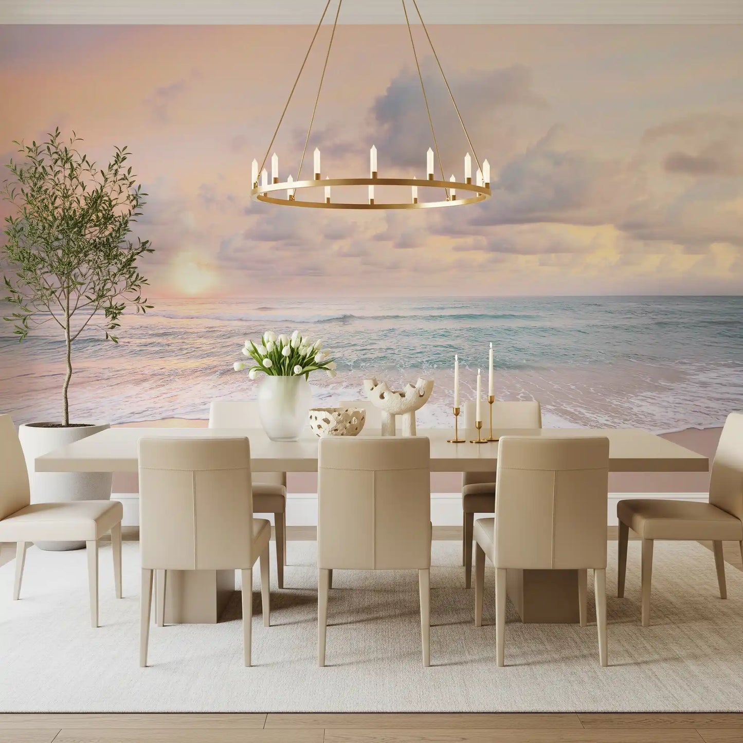 Behind the Dining room sits a Peach Sky Teal Sea wall mural with pale sky and quiet waves