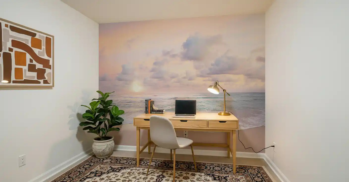 Peach Sky Teal Sea wall mural opens a calm coastal view across the Study room 