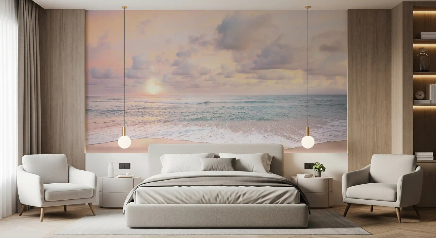 Surf foam fans along a pale shore in the Peach Sky Teal Sea wall mural